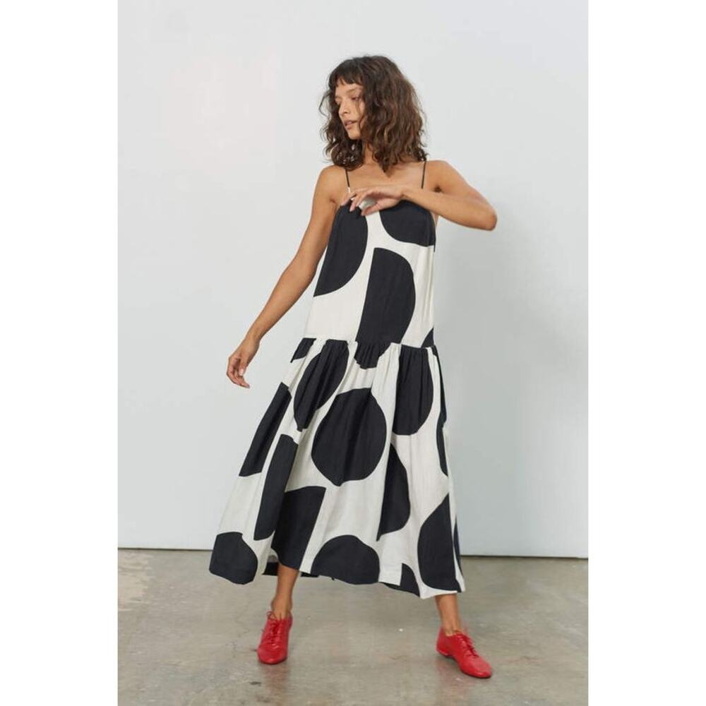 Mara Hoffman x Anthroplogie Women's Renata Dress Drop Waist Midi Black Ivory NWT